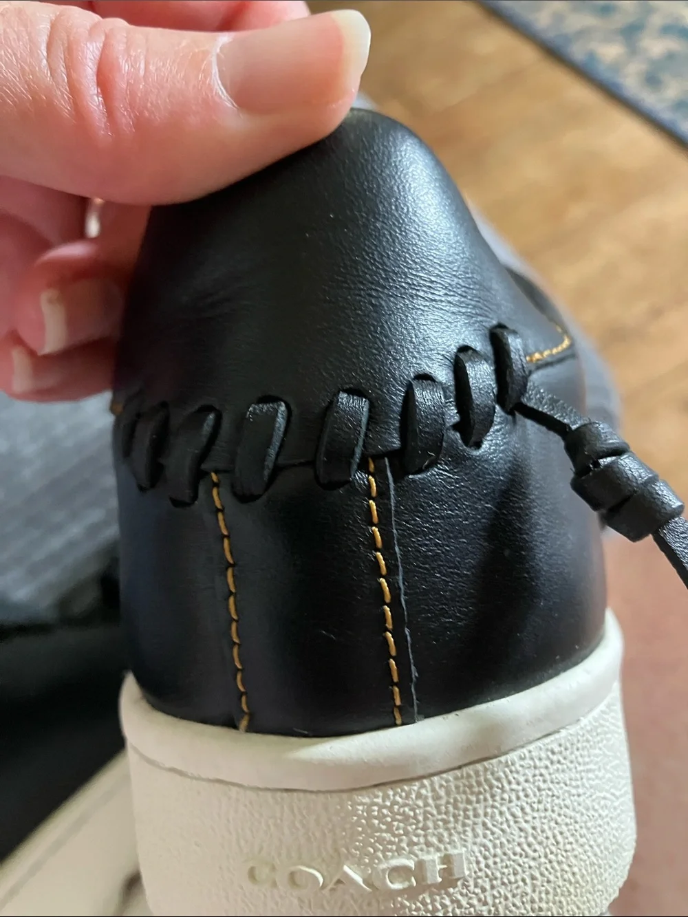 Coach Black Leather Low-Top Sneakers with Tea Rose Floral Appliqué